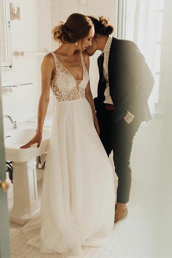 Ivory Beach Wedding Dresses See Through Pearl Beaded Wedding Dress (ZD15400)
