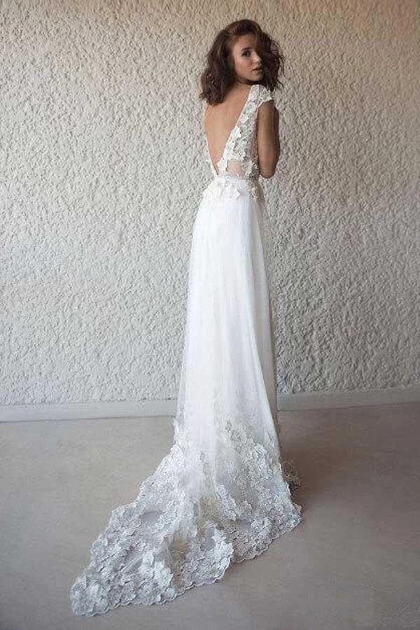 Ivory Cap Sleeve See Through Wedding Dresses Beach Bridal Dress (ZD16302)