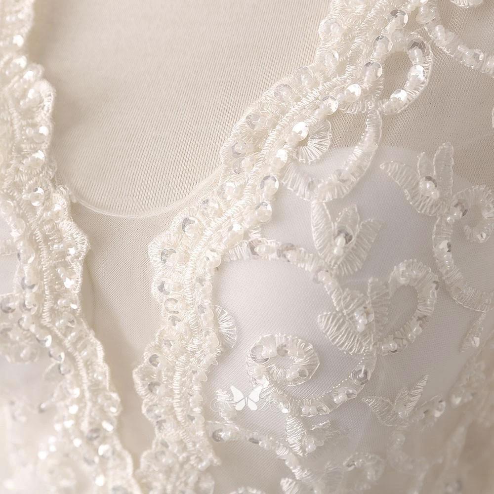 Ivory Lace and Satin V-neck Long Sleeve Beaded Wedding Dress (ZD15455)