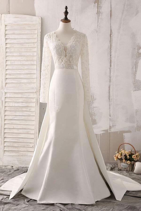 Ivory Lace and Satin V-neck Long Sleeve Beaded Wedding Dress (ZD15455)