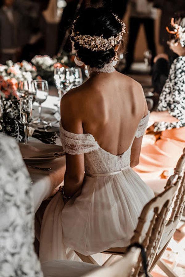 Ivory Lace Off The Shoulder Backless Chiffon Split Wedding Dresses (ZD15279)