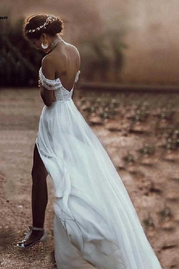 Ivory Lace Off The Shoulder Backless Chiffon Split Wedding Dresses (ZD15279)