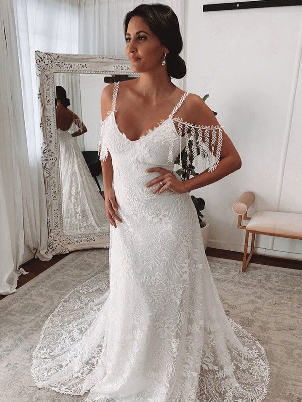 Boho Leaf Lace Spaghetti Strap Fringe Deep V Neck Sheath Wedding Dress