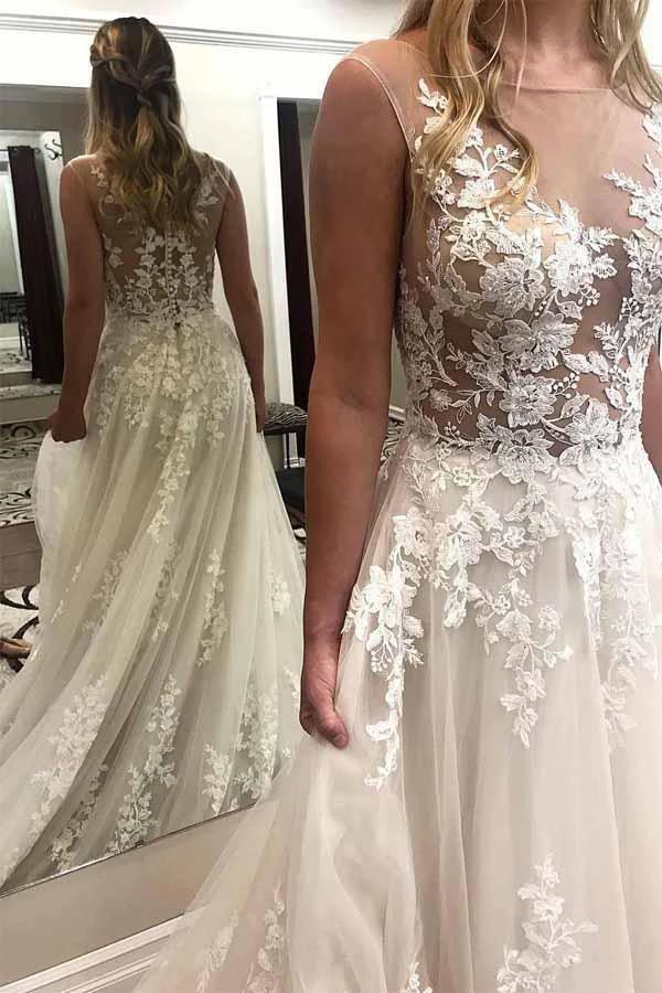 Ivory Lace Wedding Dresses See Through Applique with Court Train (ZD15399) - View 2 | VelvetHem