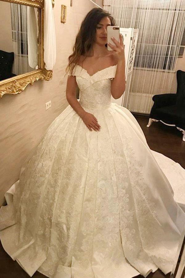 Ivory Long Ball Gown Off the Shoulder Satin Lace Appliques Wedding Dress (ZD15869) - VelvetHem