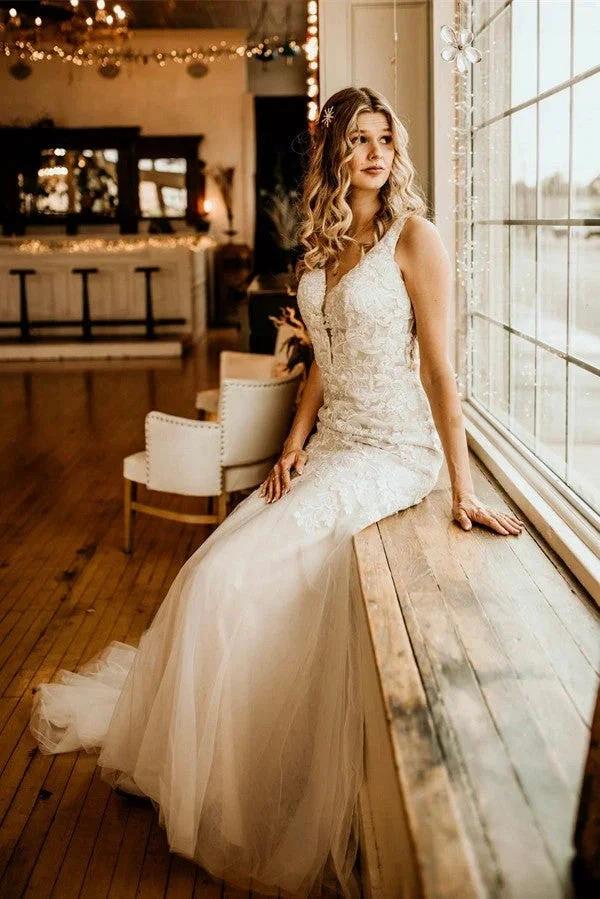 Ivory Long Mermaid V-neck Straps Tulle Lace Wedding Dress with Ruffles (ZD16705)