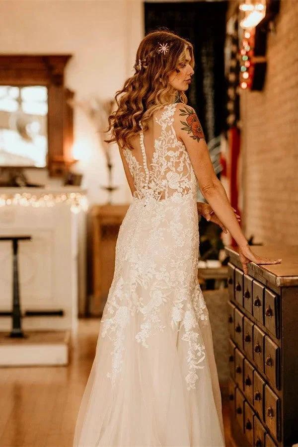 Ivory Long Mermaid V-neck Straps Tulle Lace Wedding Dress with Ruffles (ZD16705)