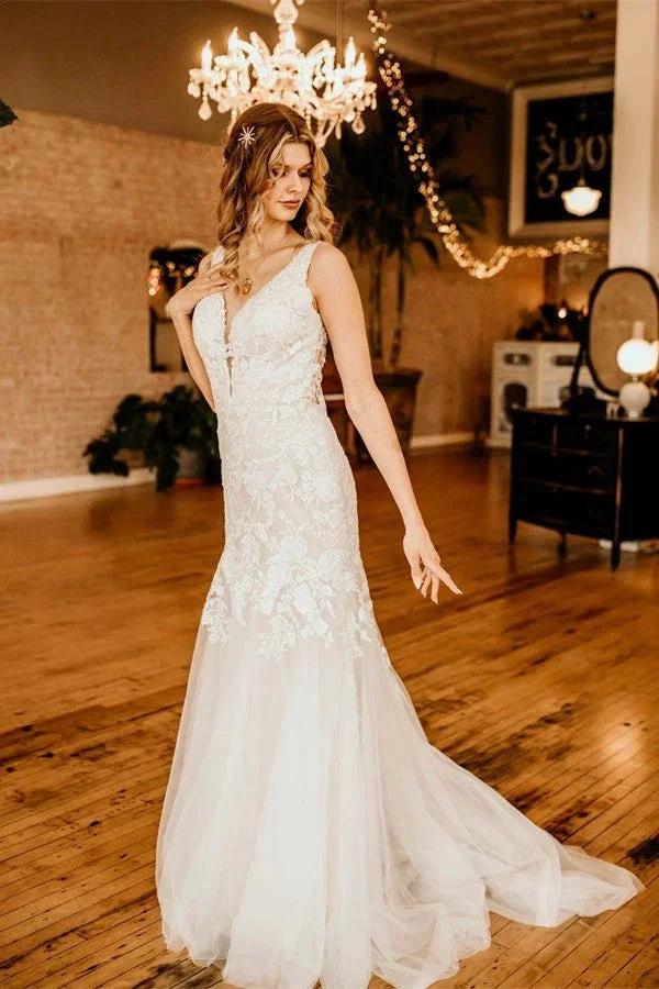 Ivory Long Mermaid V-neck Straps Tulle Lace Wedding Dress with Ruffles (ZD16705)