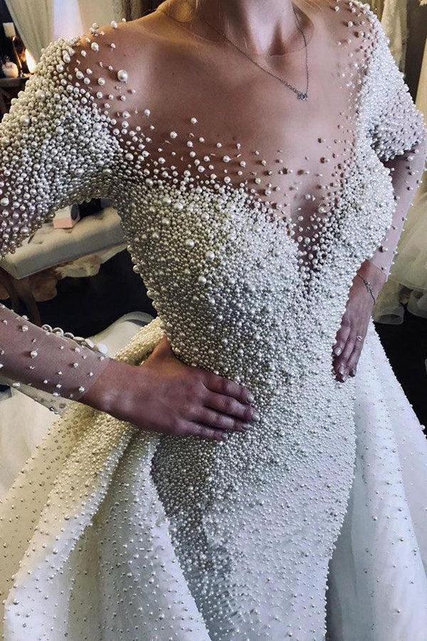 Ivory Long Sleeves Despatchable Train V-neck Button Wedding Dress with Fully coverd Pearls (ZD16425)