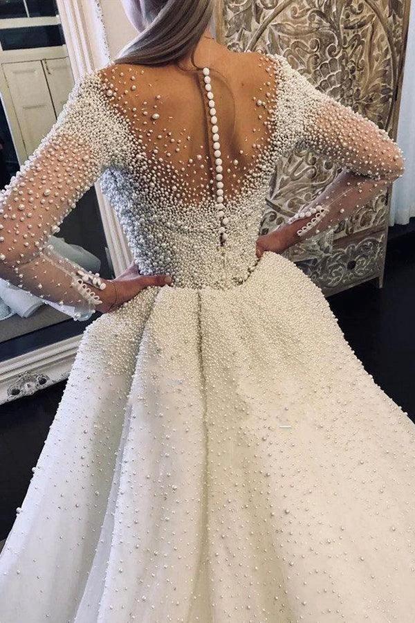 Ivory Long Sleeves Despatchable Train V-neck Button Wedding Dress with Fully coverd Pearls (ZD16425)