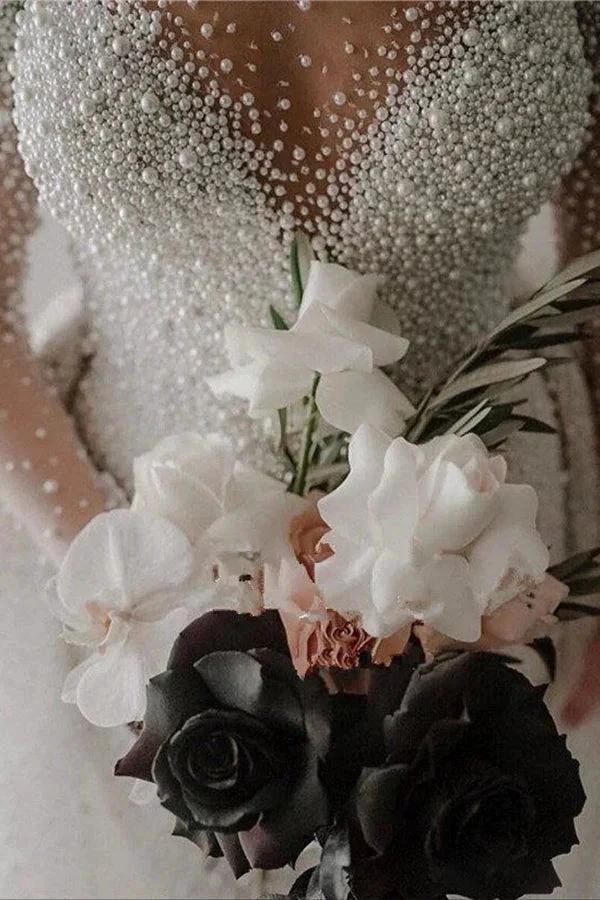 Ivory Long Sleeves Despatchable Train V-neck Button Wedding Dress with Fully coverd Pearls (ZD16425)