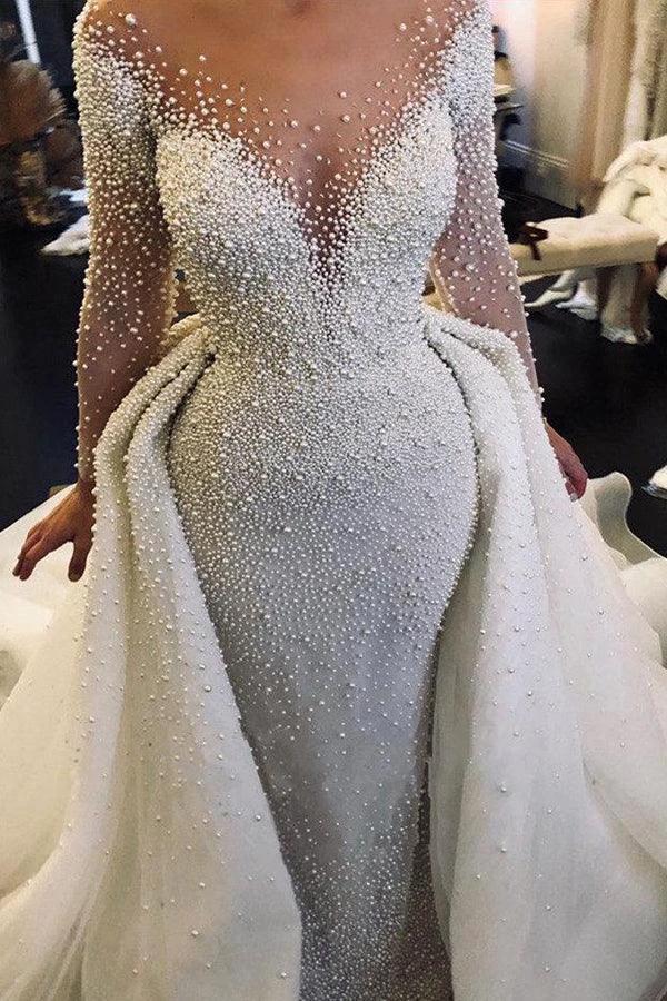 Ivory Long Sleeves Despatchable Train V-neck Button Wedding Dress with Fully coverd Pearls by misshow.com