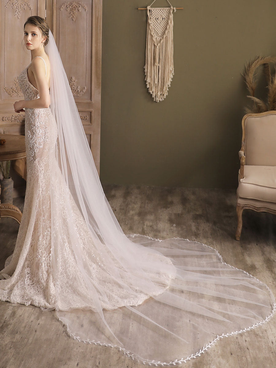 Ivory One-Tier Tulle Finished Edge Waterfall Long Wedding Veils