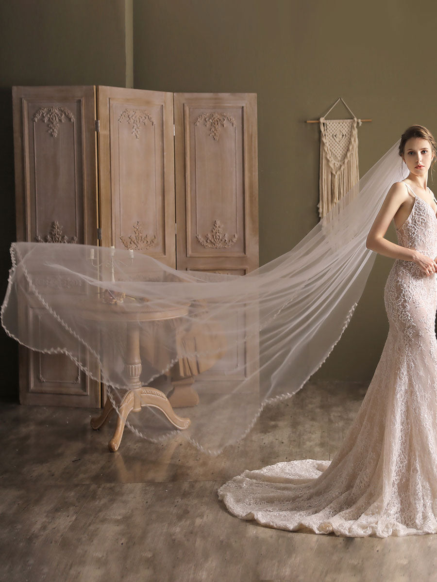 Ivory One-Tier Tulle Finished Edge Waterfall Long Wedding Veils
