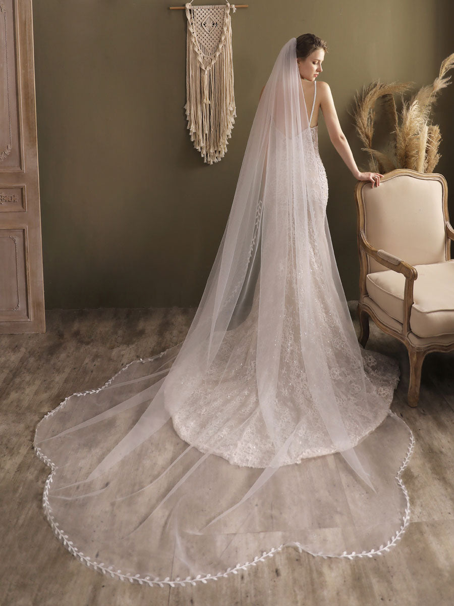 Ivory One-Tier Tulle Finished Edge Waterfall Long Wedding Veils