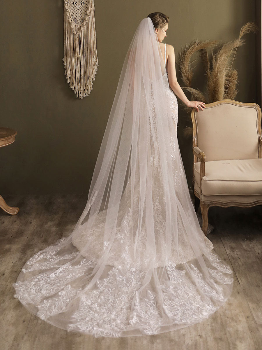 Ivory One-Tier Tulle Lace Applique Edge Waterfall Long Wedding Veil