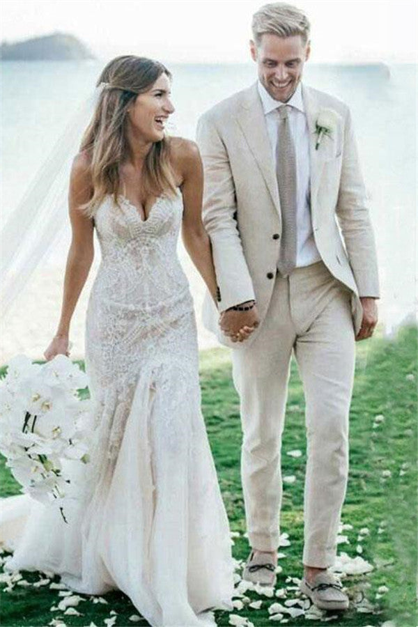 Ivory Summer Beach Linen Wedding Tuxedo for Men Slim fit Men Suits with Three-pieces