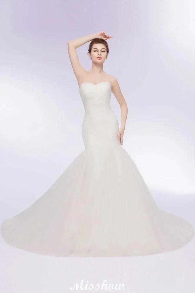 Ivory Tulle Sweetheart Mermaid Strapless Wedding Dresses with Lace-up by misshow.com