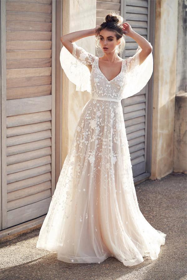 Ivory V Neck Beach Wedding Dresses with Lace Appliques (ZD16277) - VelvetHem
