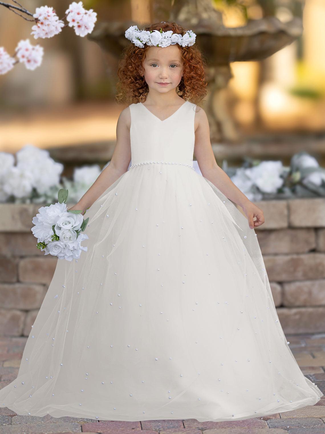 Elegant Princess Ball Gown Satin & Tulle Flower Girl Dress - View 12 | VelvetHem