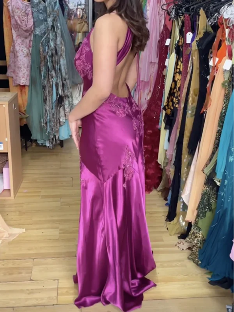 Purple Satin A Line Long Prom Dresses Formal Party Dress with Appliques J2669