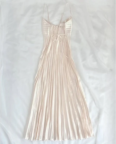Champagne Spaghetti Straps Long Prom Dress Pleated Evening Dress J8604