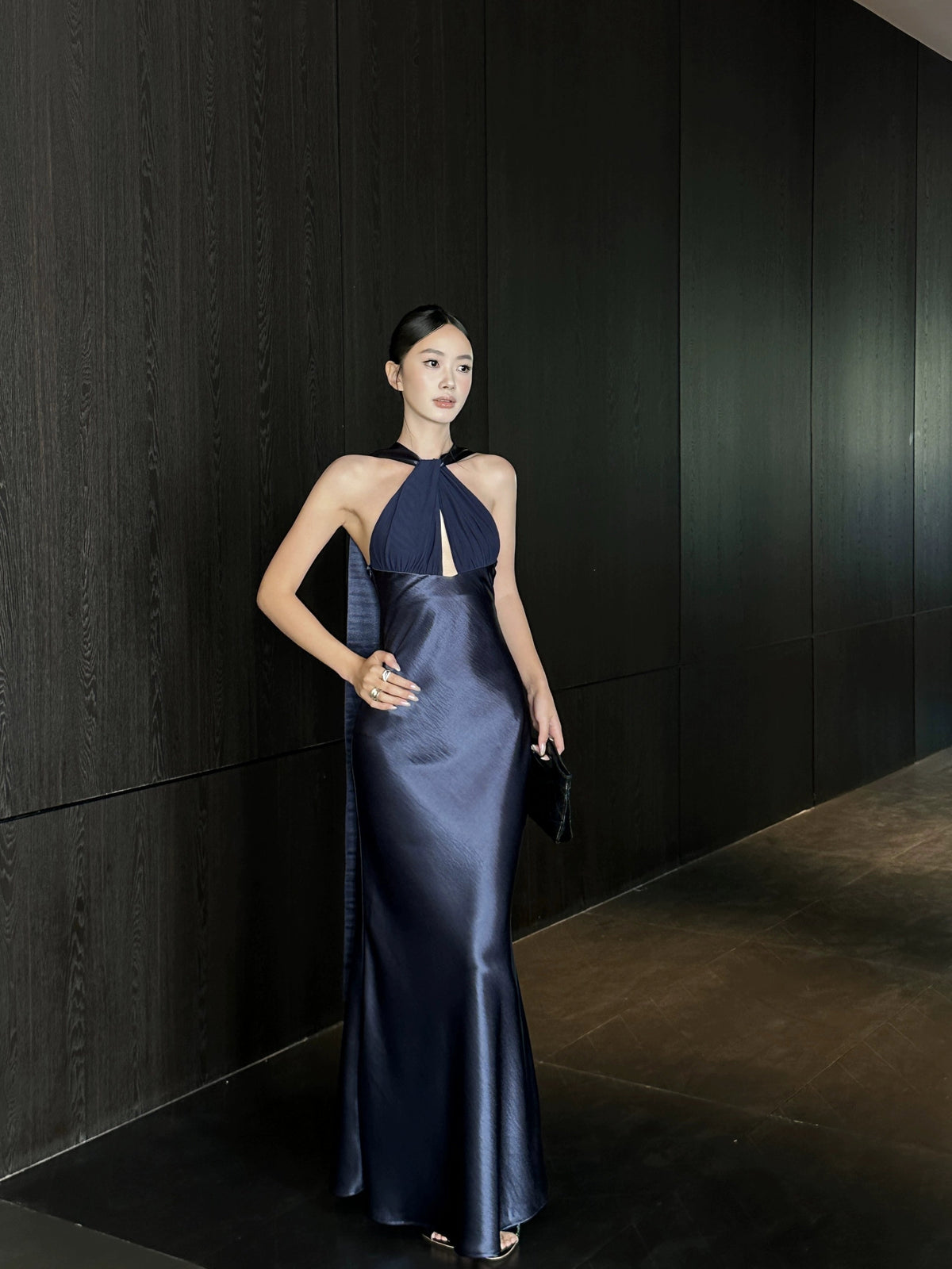 Navy Blue Satin Long Prom Dress Sheath Evening Party Gowns J8680