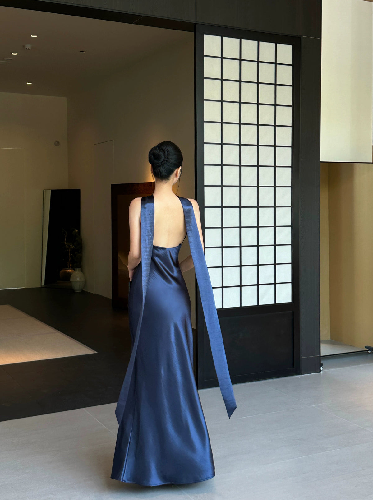 Navy Blue Satin Long Prom Dress Sheath Evening Party Gowns J8680