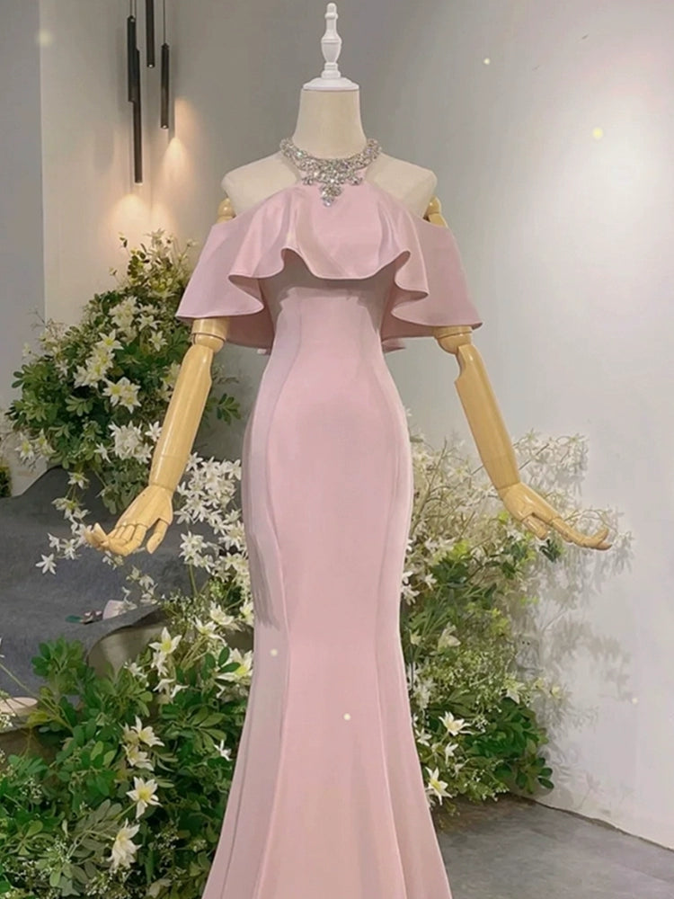 Pink Mermaid Long Prom Dress Modest Evening Party Dress