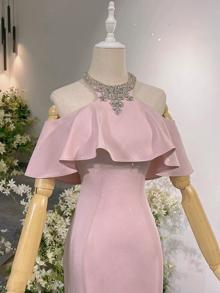Pink Mermaid Long Prom Dress Modest Evening Party Dress