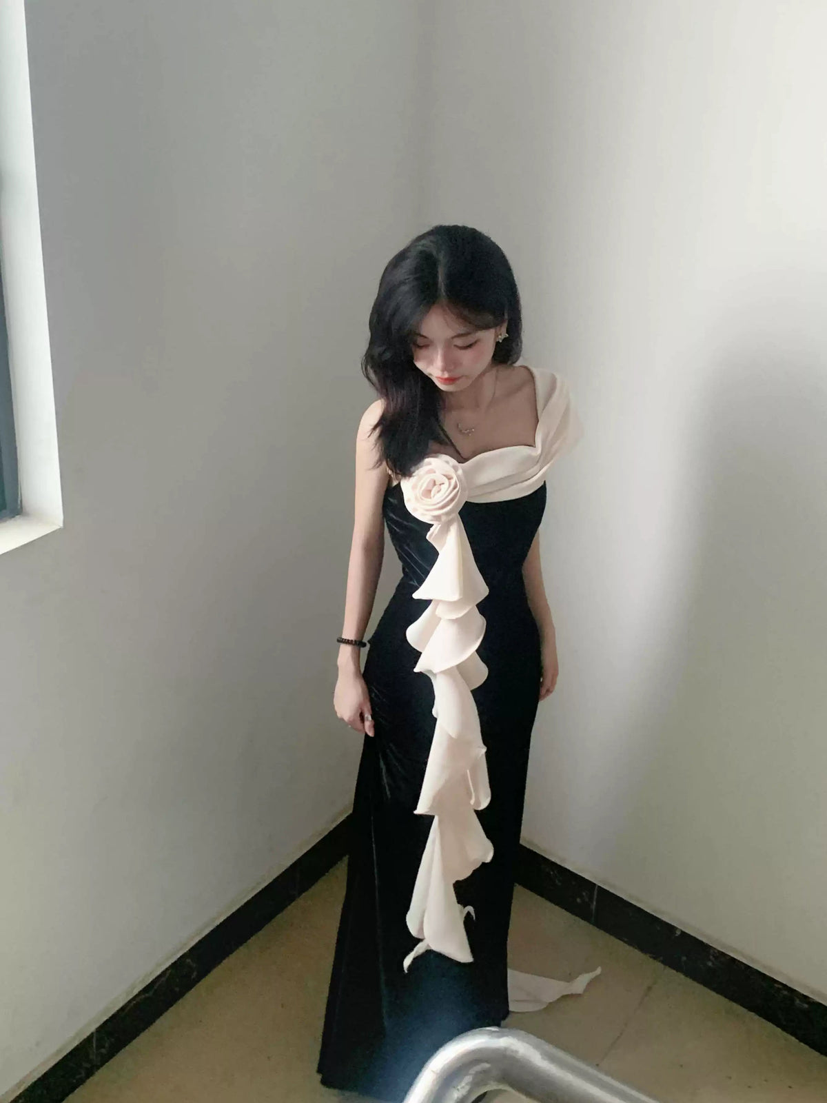 Elegant One Shoulder Long Prom Dress Ruffle Evening Party Dress J8683