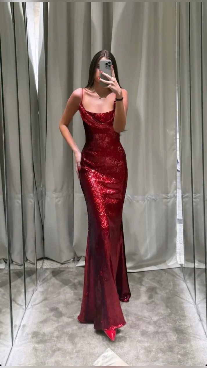 Spaghetti Straps Burgundy Sequin Long Prom Dresses Birthday Outfits J8689