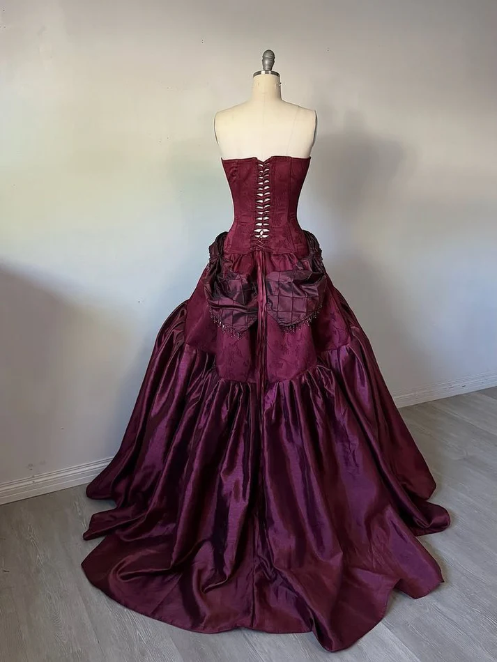 Strapless Burgundy Vintage Prom Dresses Formal Party Gown