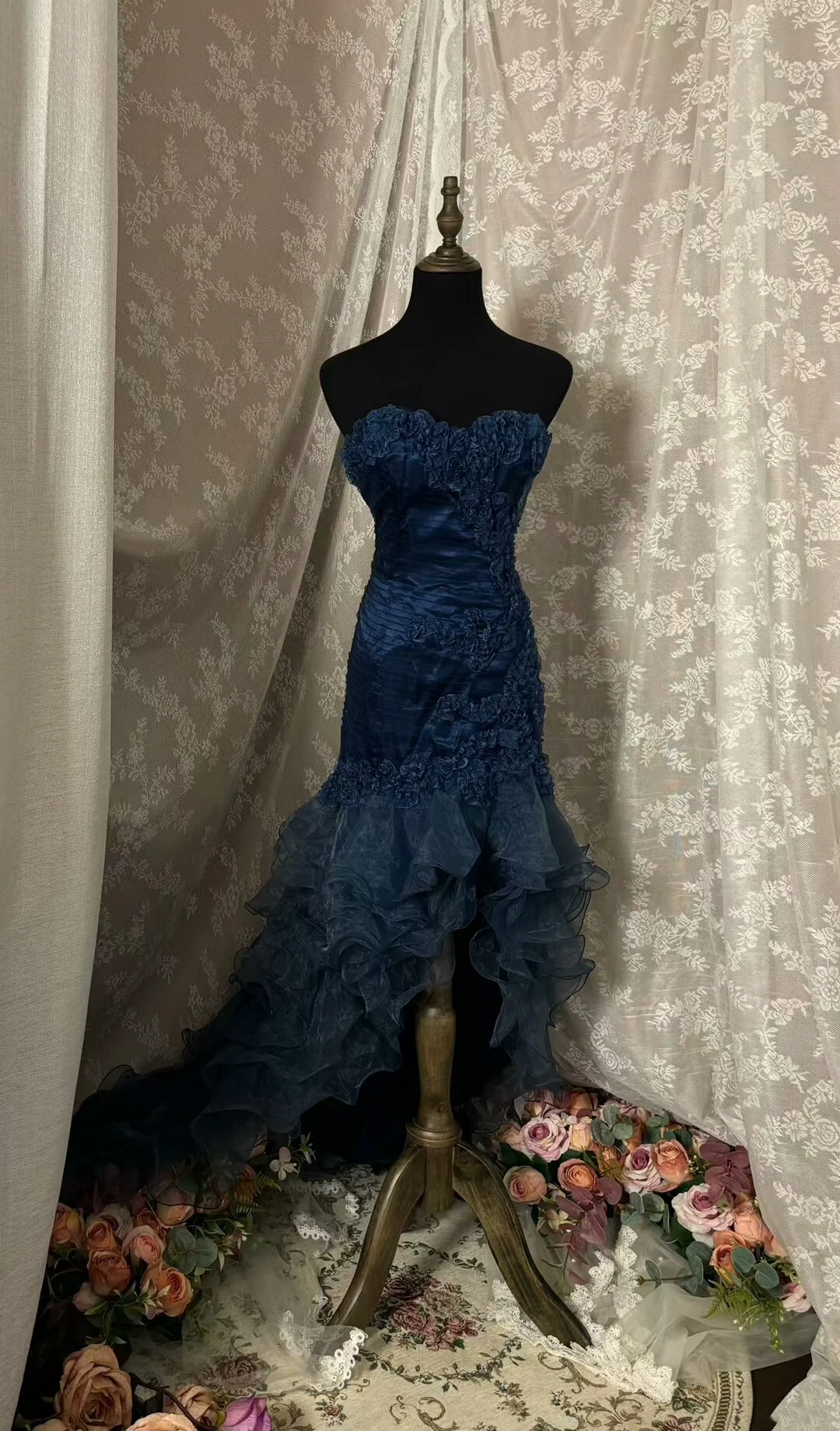 Navy Blue Mermaid Pleated Long Prom Dress Vintage Evening Dress