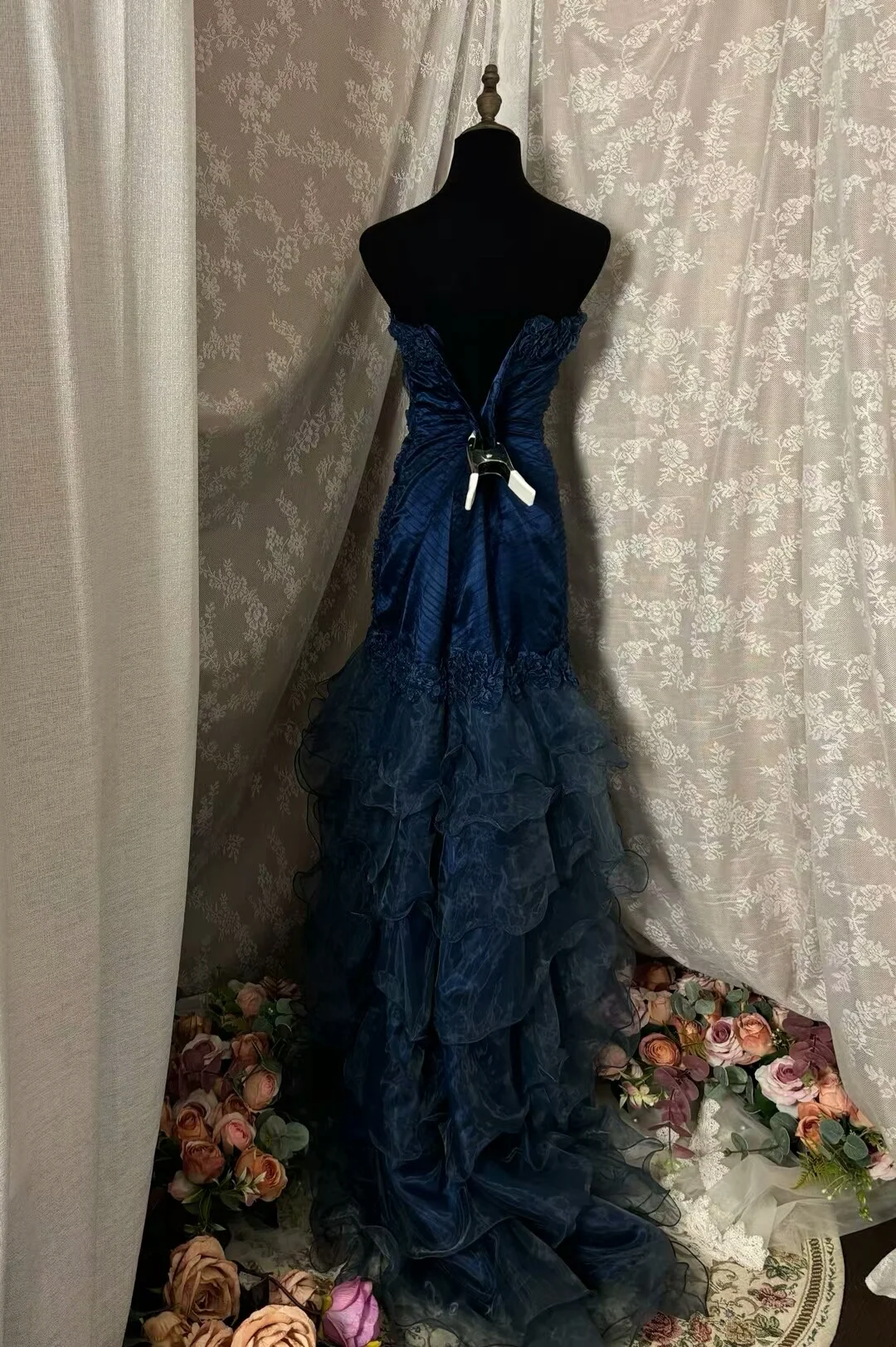 Navy Blue Mermaid Pleated Long Prom Dress Vintage Evening Dress