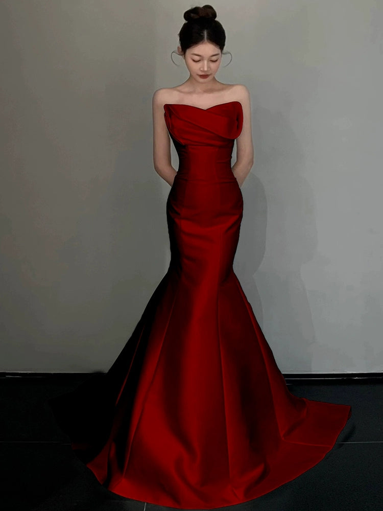 Burgundy Mermaid Long Prom Dress Satin Formal Evening Dress