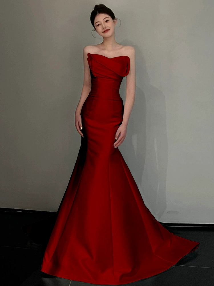 Burgundy Mermaid Long Prom Dress Satin Formal Evening Dress