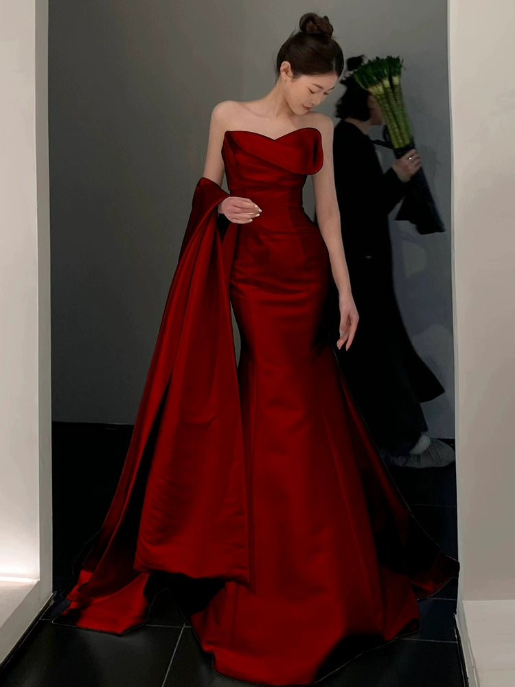 Burgundy Mermaid Long Prom Dress Satin Formal Evening Dress