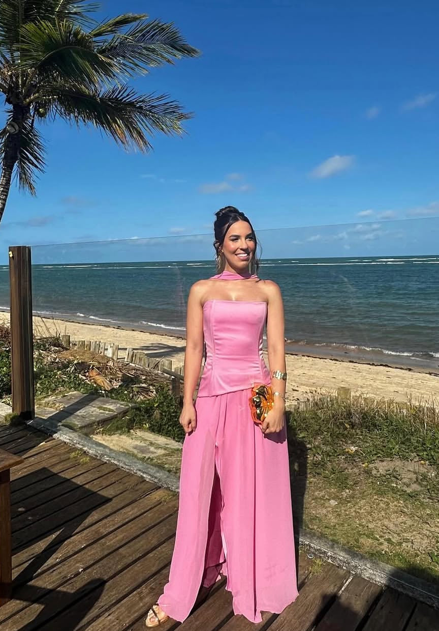 Pink A Line Long Prom Dress Slit Wedding Guest Dress J8716