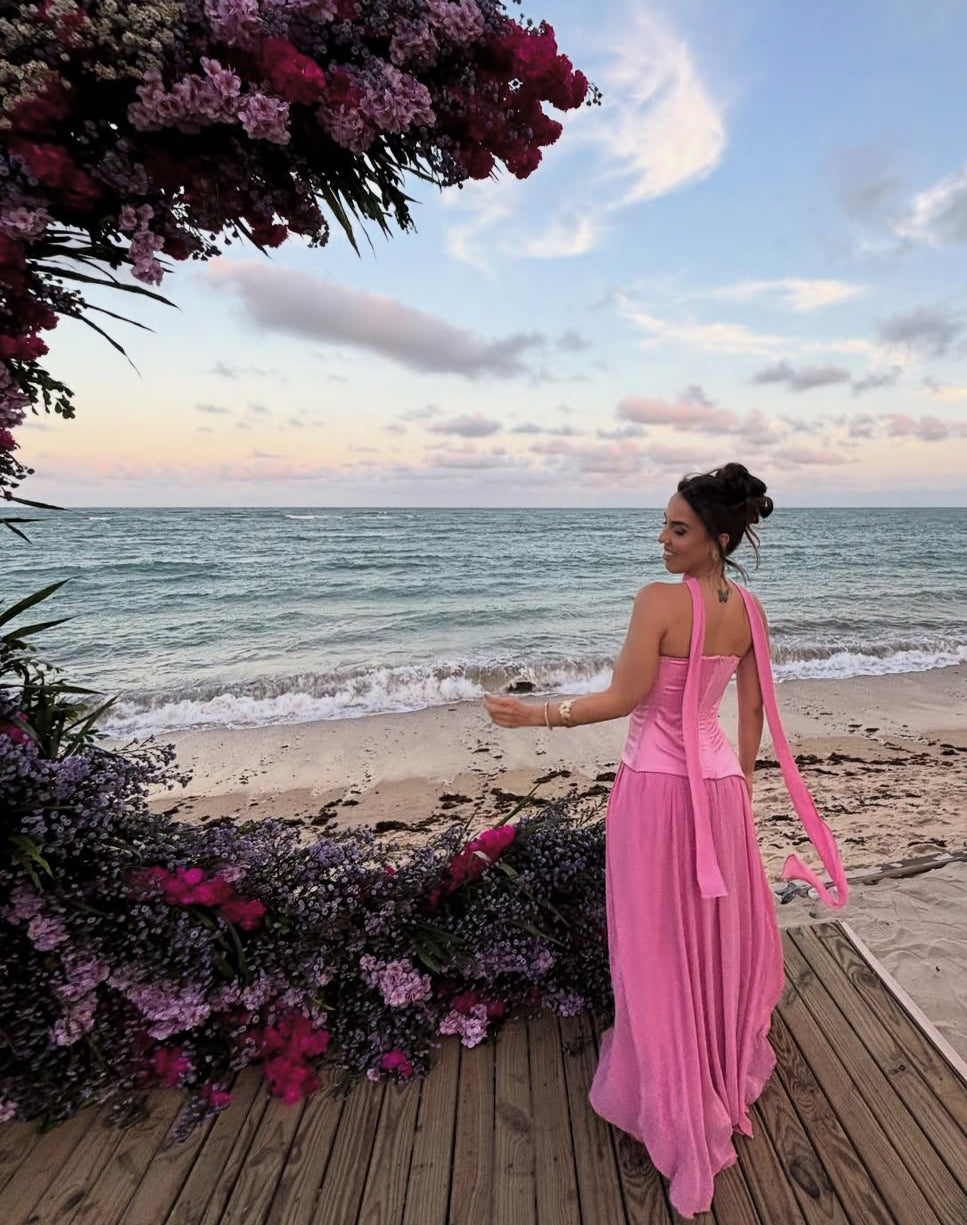 Pink A Line Long Prom Dress Slit Wedding Guest Dress J8716
