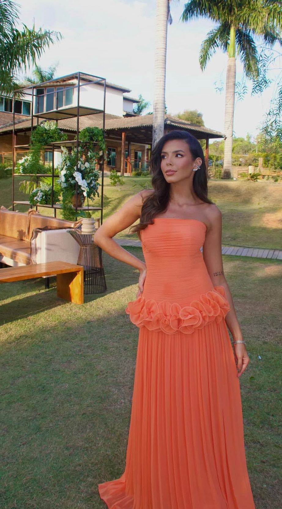 Strapless A-Line Orange Long Prom Dress Wedding Guest Dress