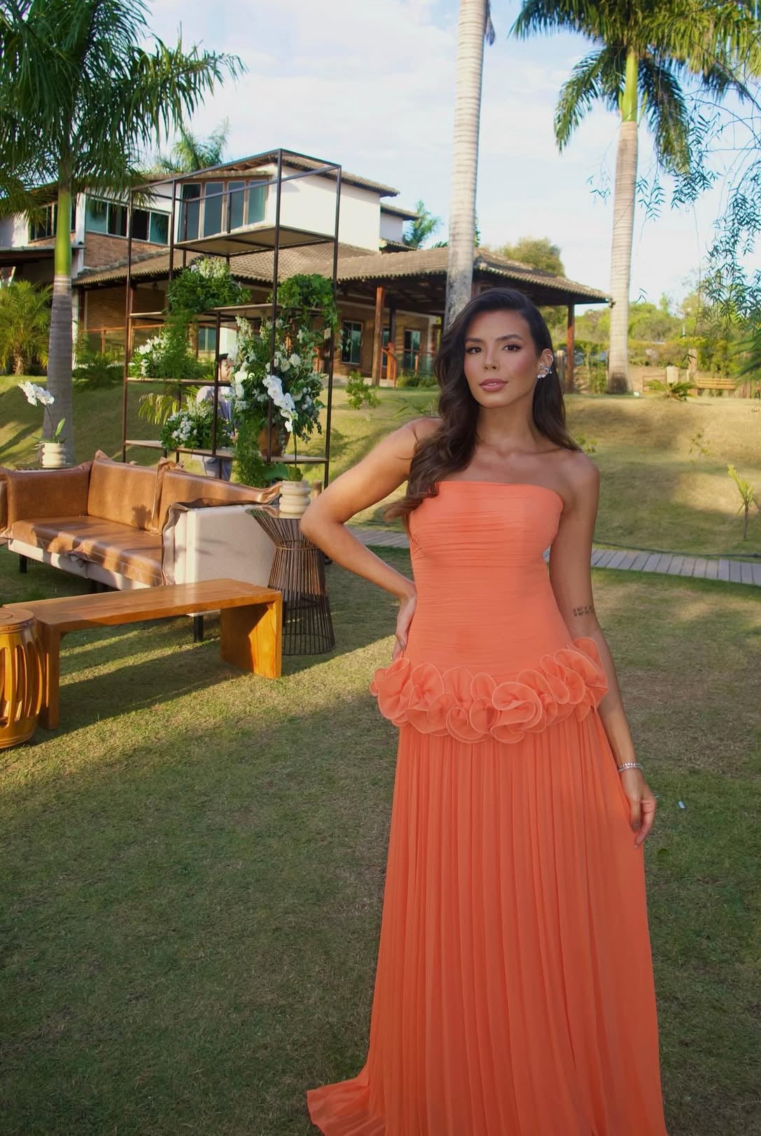 Strapless A-Line Orange Long Prom Dress Wedding Guest Dress