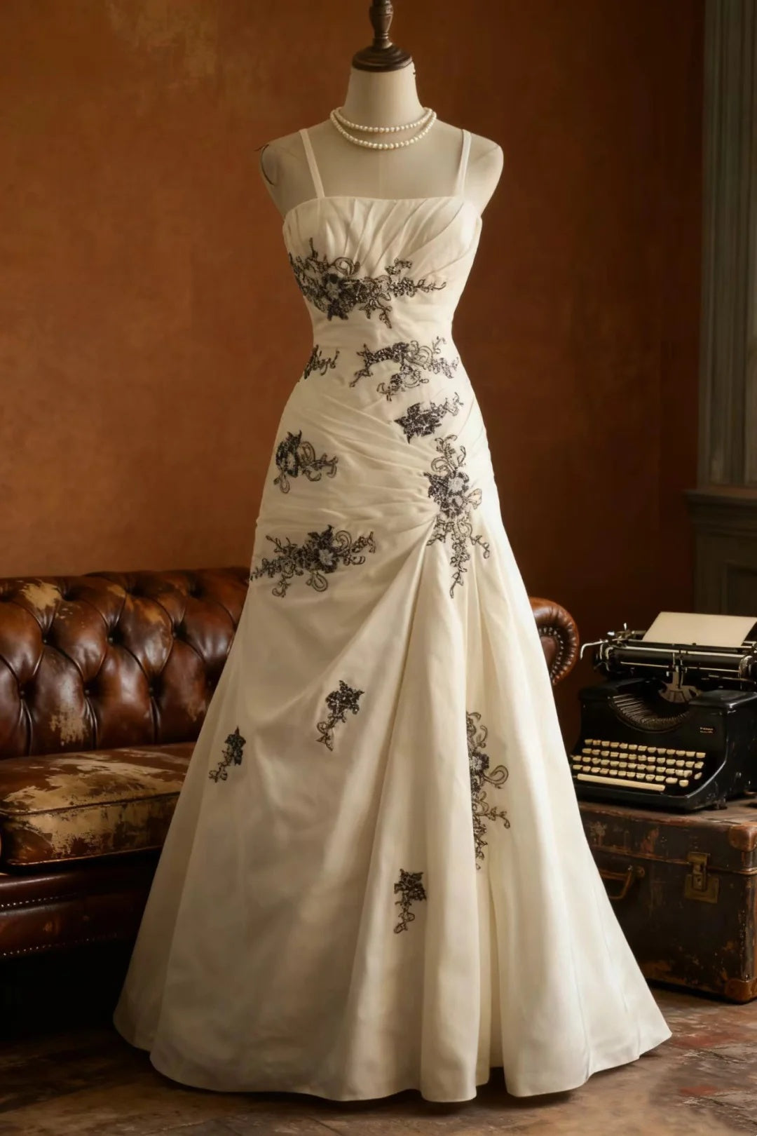 Spaghetti Straps White Wedding Dress With Black Applique Elegant Bridal Gown J8727