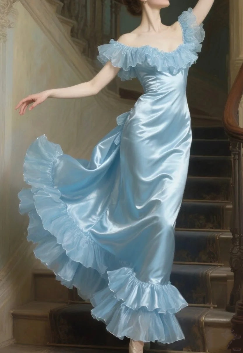Ruffle Off-the-Shoulder Blue Long Prom Dress Evening Party Dress