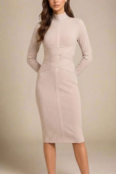 Jane Long Sleeve Bodycon Midi Dress - Nude
