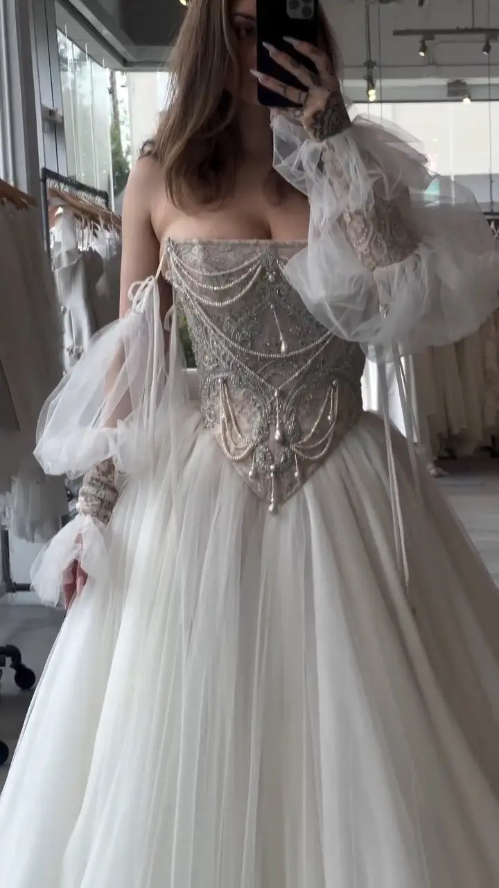 White Draped Pearl Tulle Ball Gown Bridal Dress with Puff Sleeves ZP205