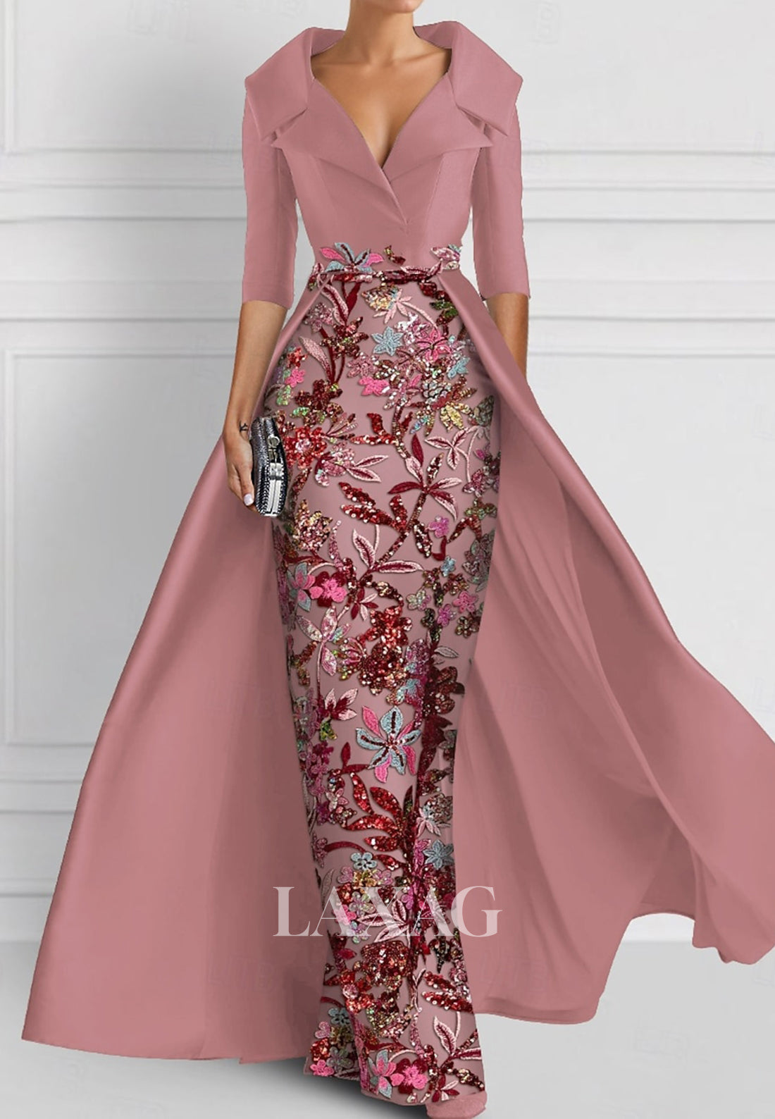 V-Neck Half-Sleeves Pleated Party Gowns Applique Embroidered Mermaid Wedding Guest Dress with Overskirt