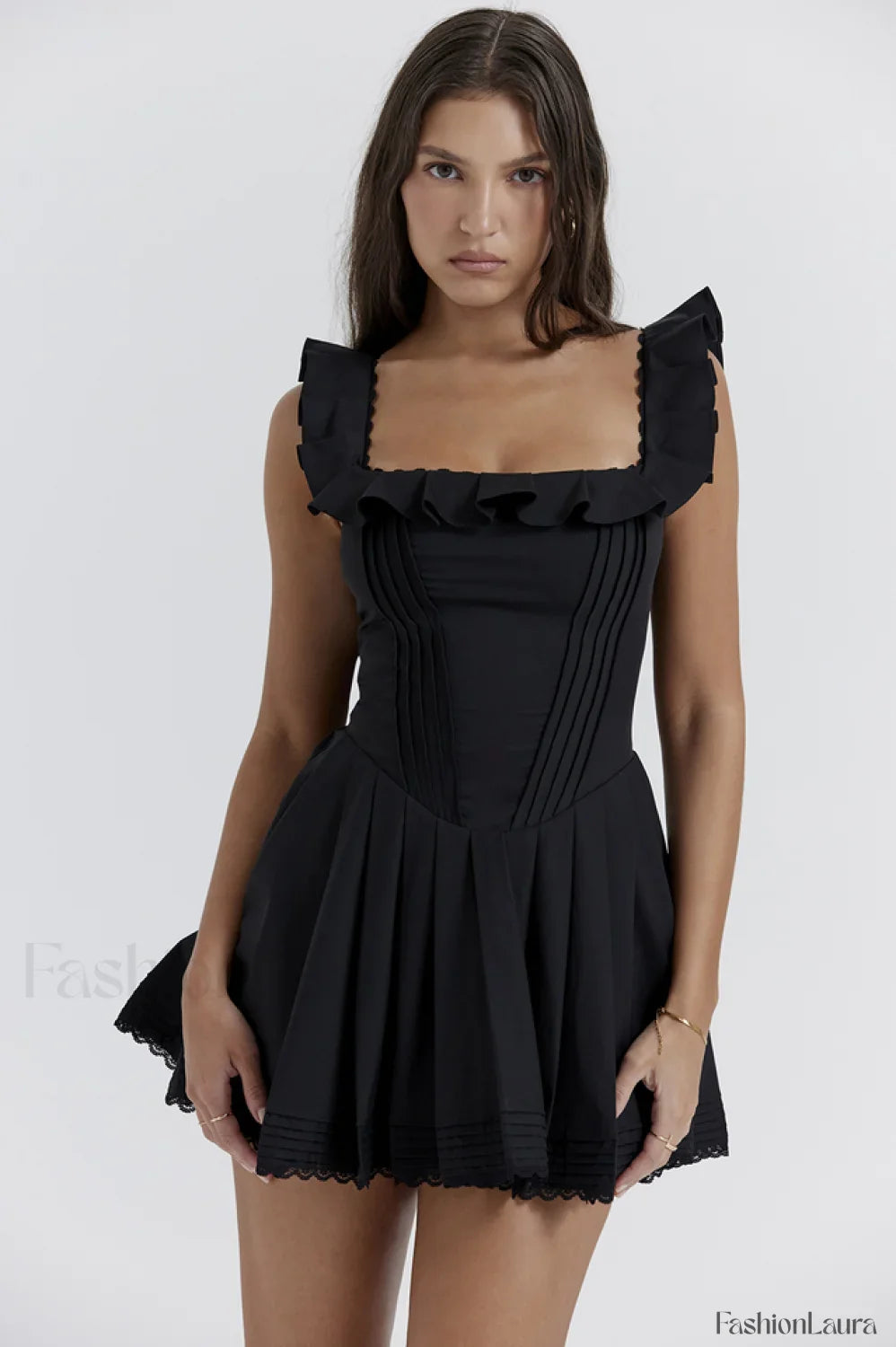 Jemima Black Pin Charming Tuck Pleated Dress