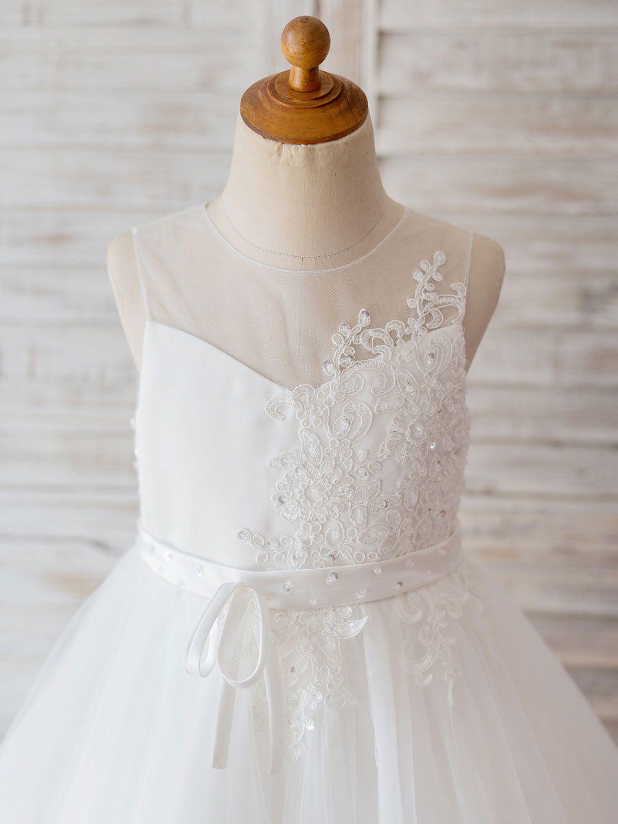 Jewel Neck Lace Sleeveless Short Princess Beaded Kids Social Party Dresses