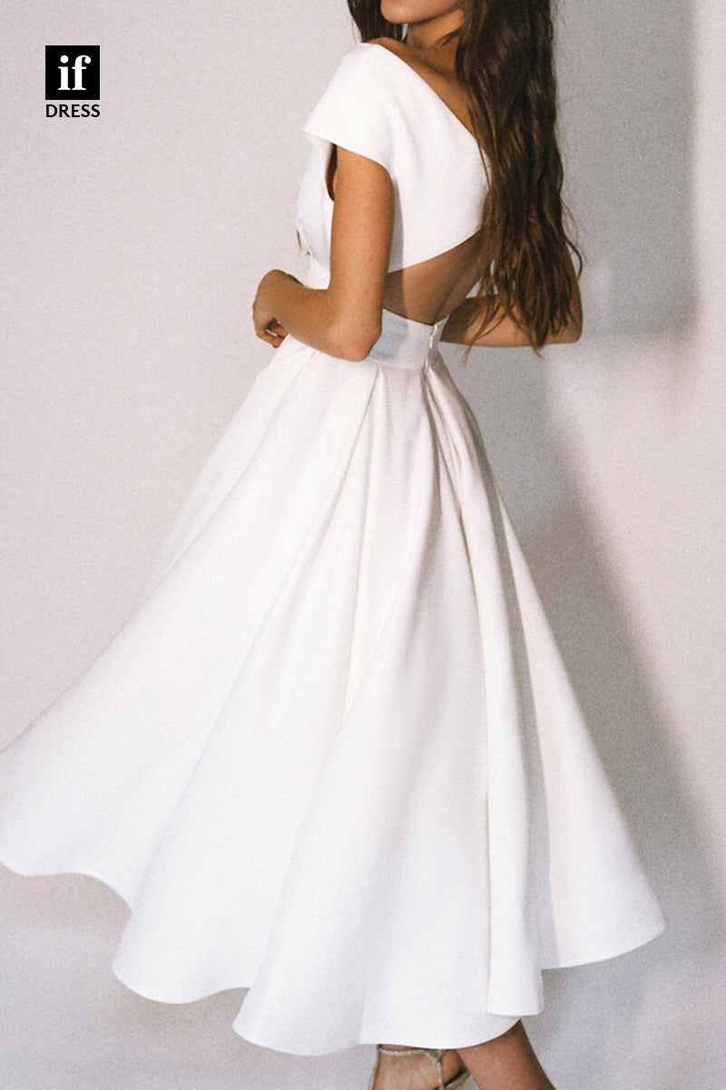 71101 - Classy V-Neck A-Line Ruched Satin Sheer Beach Wedding Dress